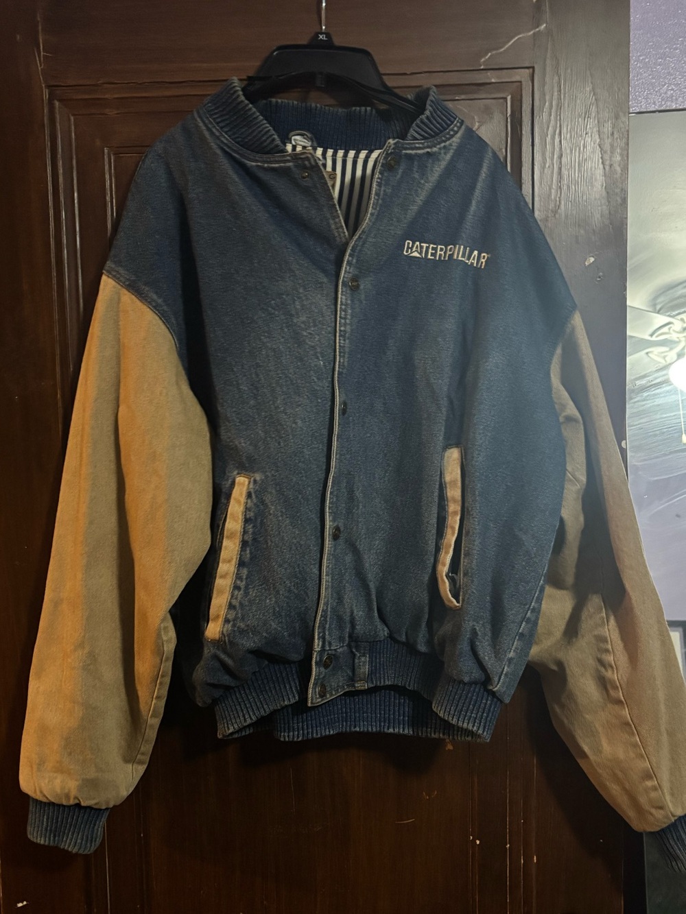 XL Caterpillar Turning Point Blue Denim and Tan Sleeve Bomber Jacket